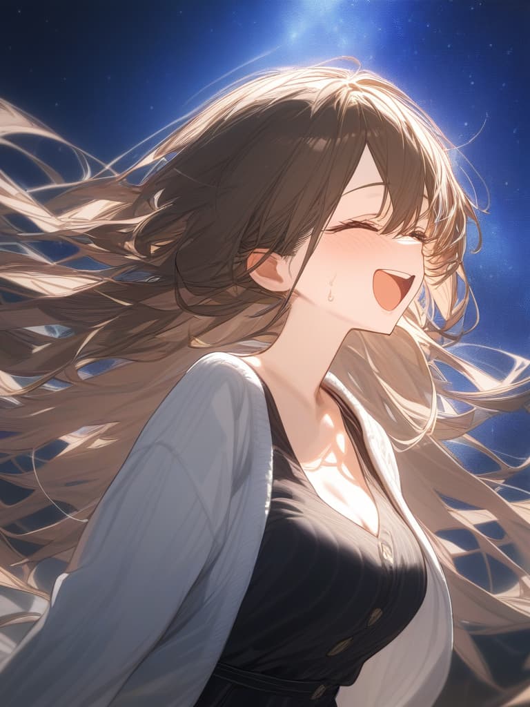  a girl laughing at me, bright brown hair, long hair, transparent ephemeral, black sleeveless dress, white cardigan, whole body facing in front, laughing, laughing, starry sky under the whole body, masterpiece, best quality,8k,ultra detailed,high resolution,an extremely delicate and beautiful,hyper detail