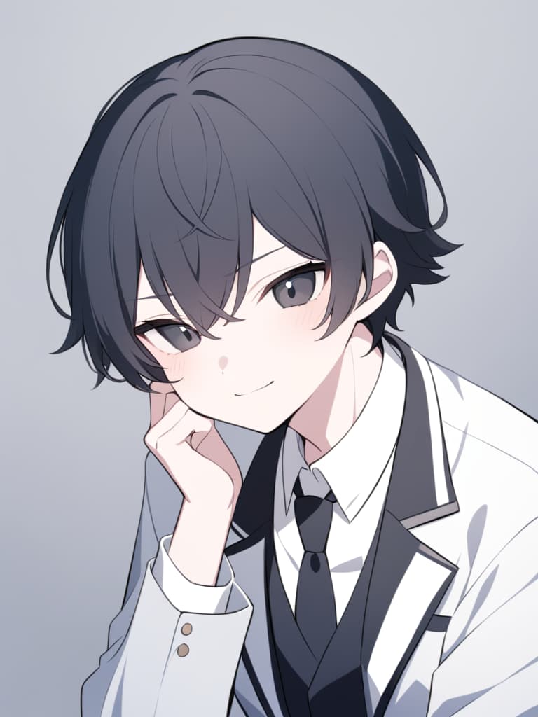  "a cute high school boy with black hair and black eyes,styled in a wolf cut. he is wearing a white shirt with a tie and a black jacket,with long sleeves that cover his hands ('moe sode'). the boy is adjusting a black mask under his chin with his hand,showing a gentle and adorable expression."