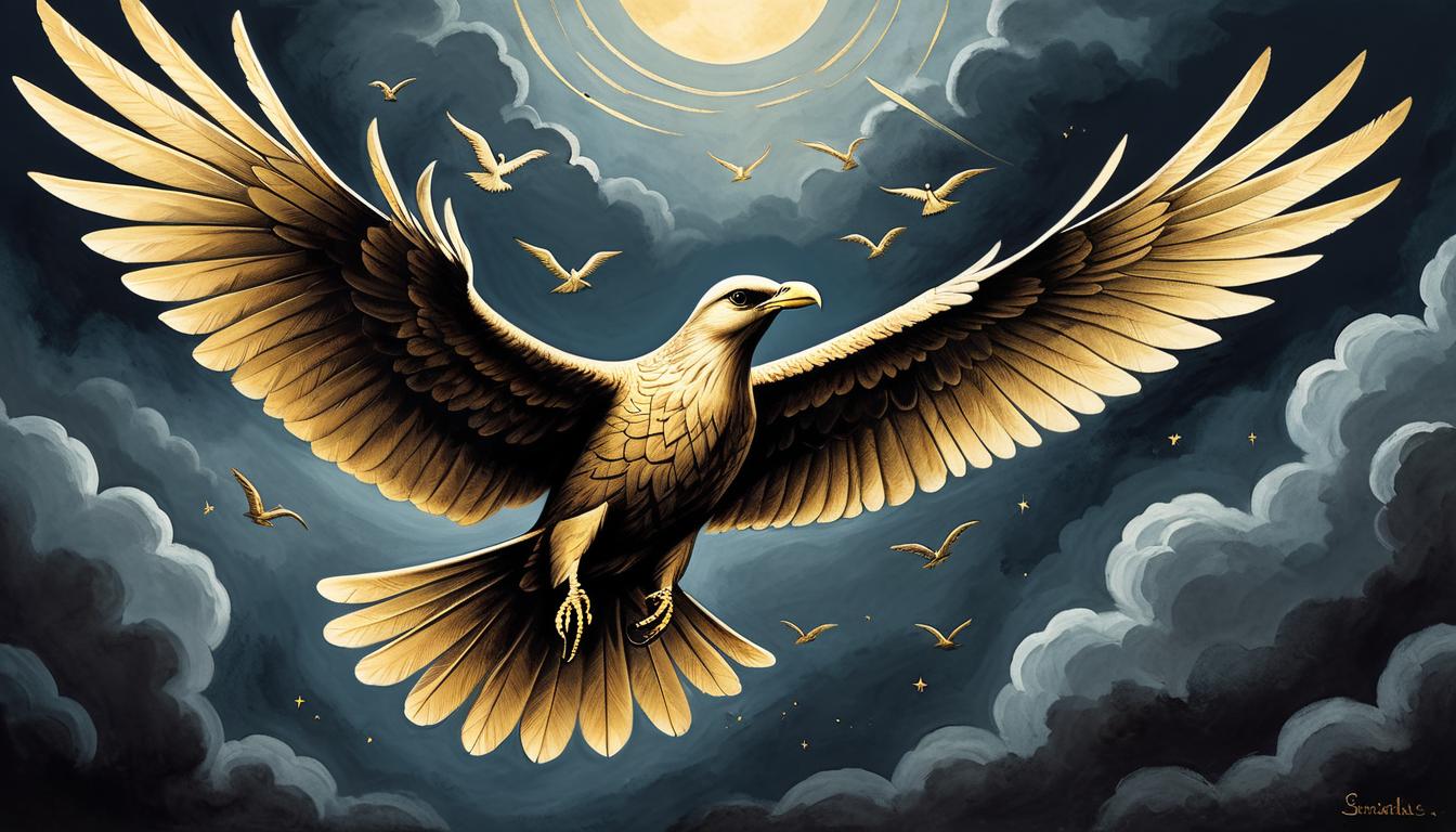  on parchment, surrealism+++, a soaring bird with golden wings against a dark sky, shadowy hands reaching up in vain attempt, mood of inadequacy and longing(mysterious, provocative, symbolic,muted color)+++