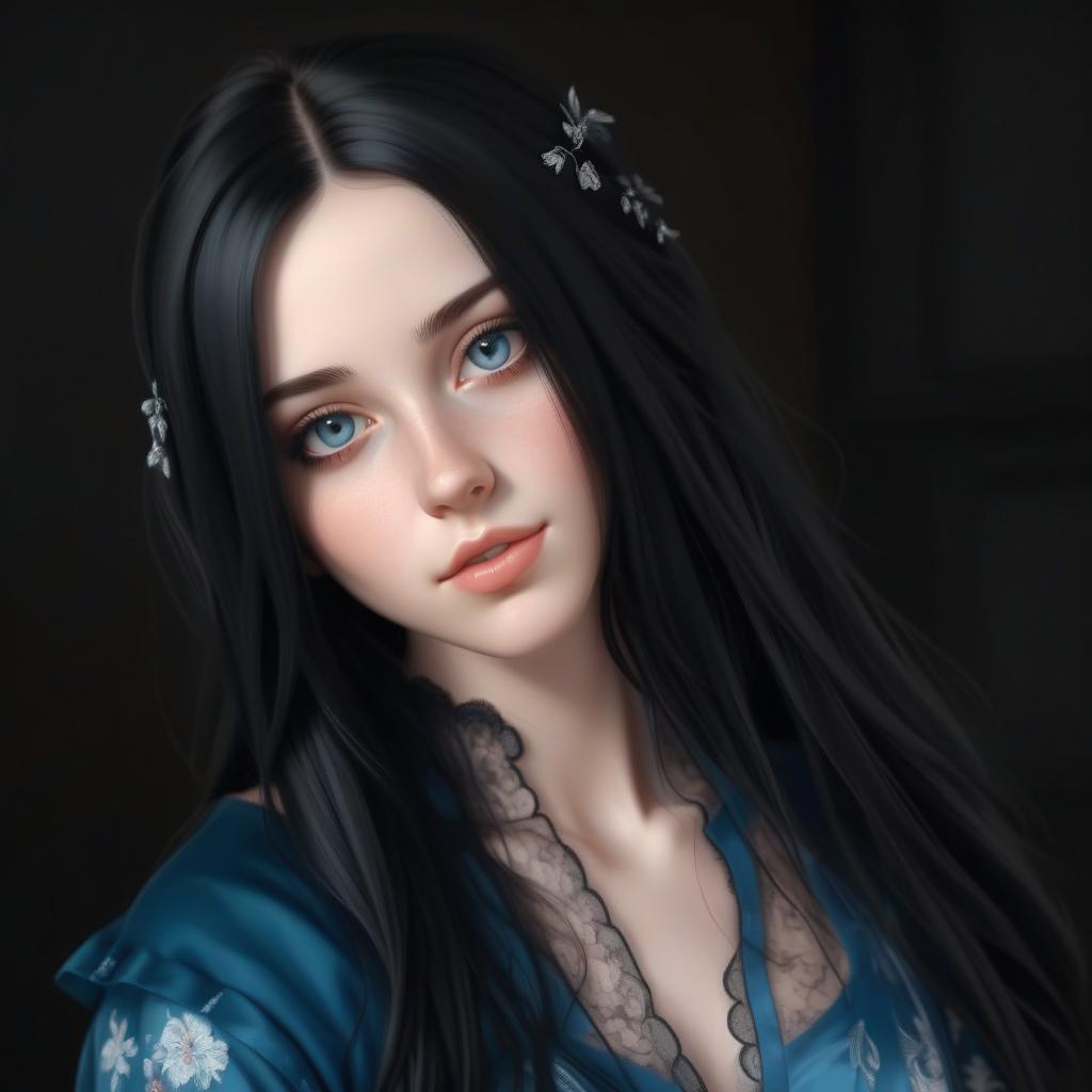  very realistic girl, with black long hair, with a gentle look