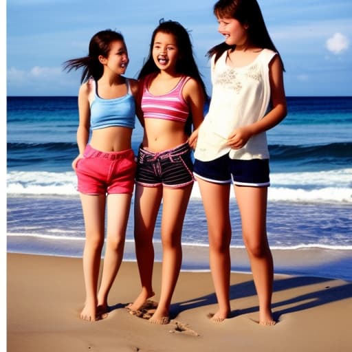  Adolescent girls wearing only shorts playing on beach