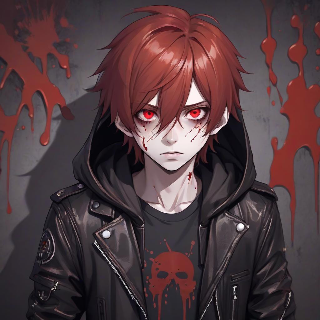  a man. red hair. pale skin. red eyes. blood on your face. leather jacket, under leather jacket hoodie. anime style portrait.