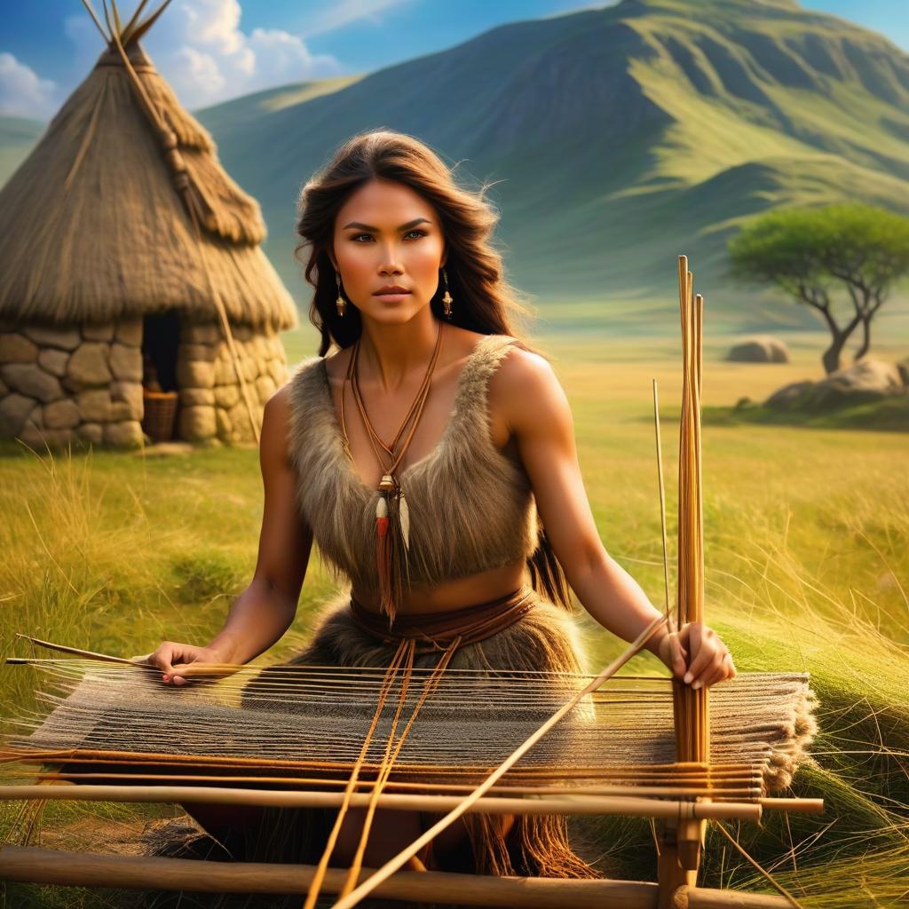  ethereal fantasy concept art of stone age woman in a dirty fur skirt and a dirty fur vest weaving on a loom, hunts in the steppe, outdoor, at full heigh body, with brovn hair, slender, slim waist, long loincloth, tanned skin, at full heigh body, action pose, full heigh body, against the backdrop of a stone age village, . magnificent, celestial, ethereal, painterly, epic, majestic, magical, fantasy art, cover art, dreamy