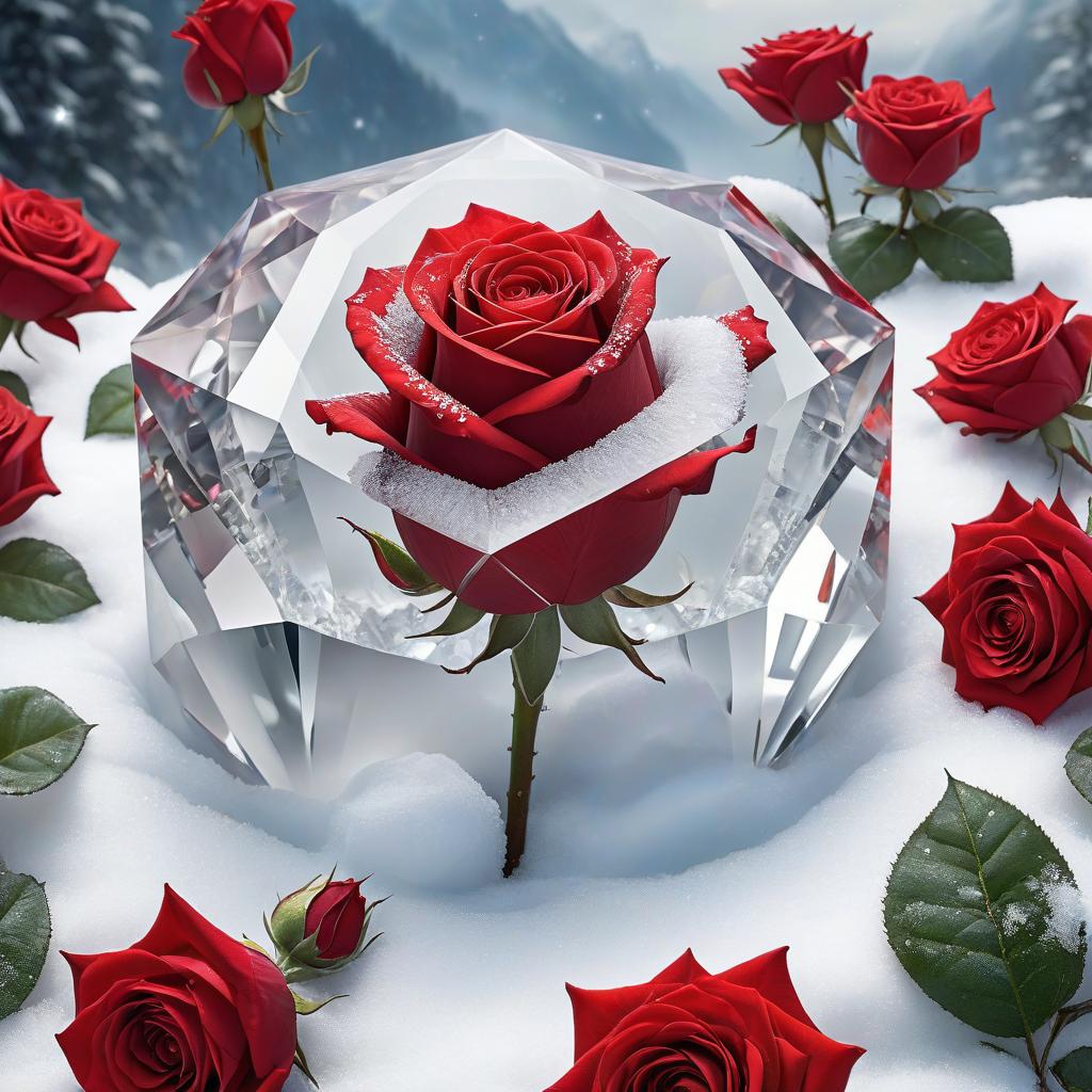  fairy tale (digital art: 1.4) ((this crystal artwork)) )red rose from (((crystal))) a magical, large bud. crystal petals lying on pure white snow . magical, fantastical, enchanting, storybook style, highly detailed, hkmagic, civitai hyperrealistic, full body, detailed clothing, highly detailed, cinematic lighting, stunningly beautiful, intricate, sharp focus, f/1. 8, 85mm, (centered image composition), (professionally color graded), ((bright soft diffused light)), volumetric fog, trending on instagram, trending on tumblr, HDR 4K, 8K