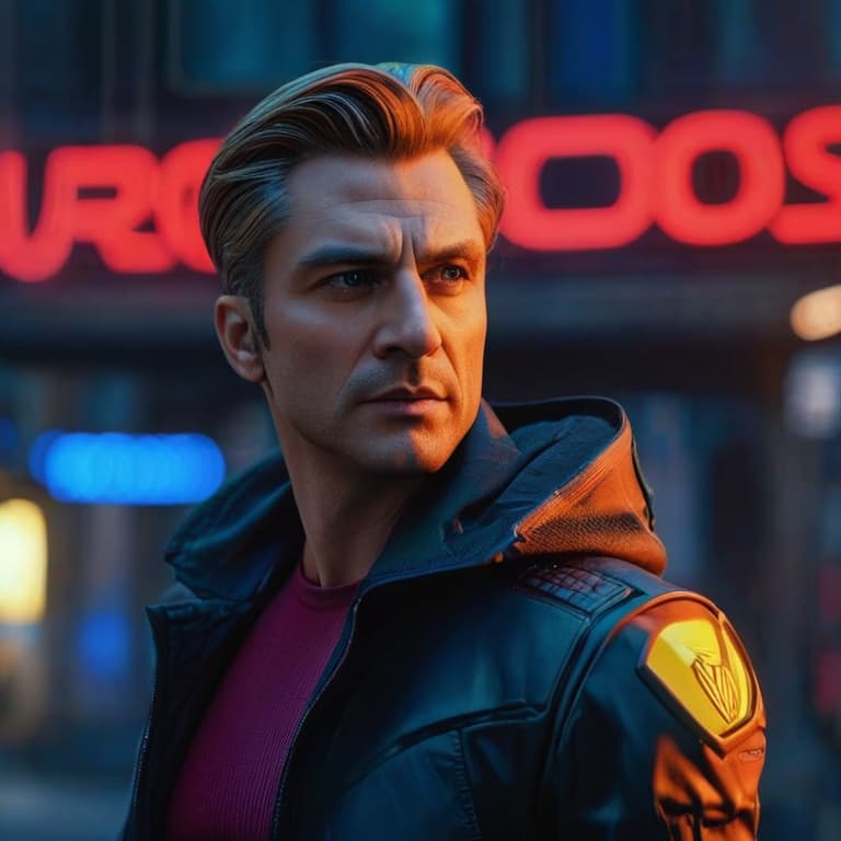  one man,handsome have,portrait, high contrast, neon colors, tech accessories (cybernetic implants, led lights), urban background (cityscape, neon signs), fantastic hairstyles hyperrealistic, full body, detailed clothing, highly detailed, cinematic lighting, stunningly beautiful, intricate, sharp focus, f/1. 8, 85mm, (centered image composition), (professionally color graded), ((bright soft diffused light)), volumetric fog, trending on instagram, trending on tumblr, HDR 4K, 8K