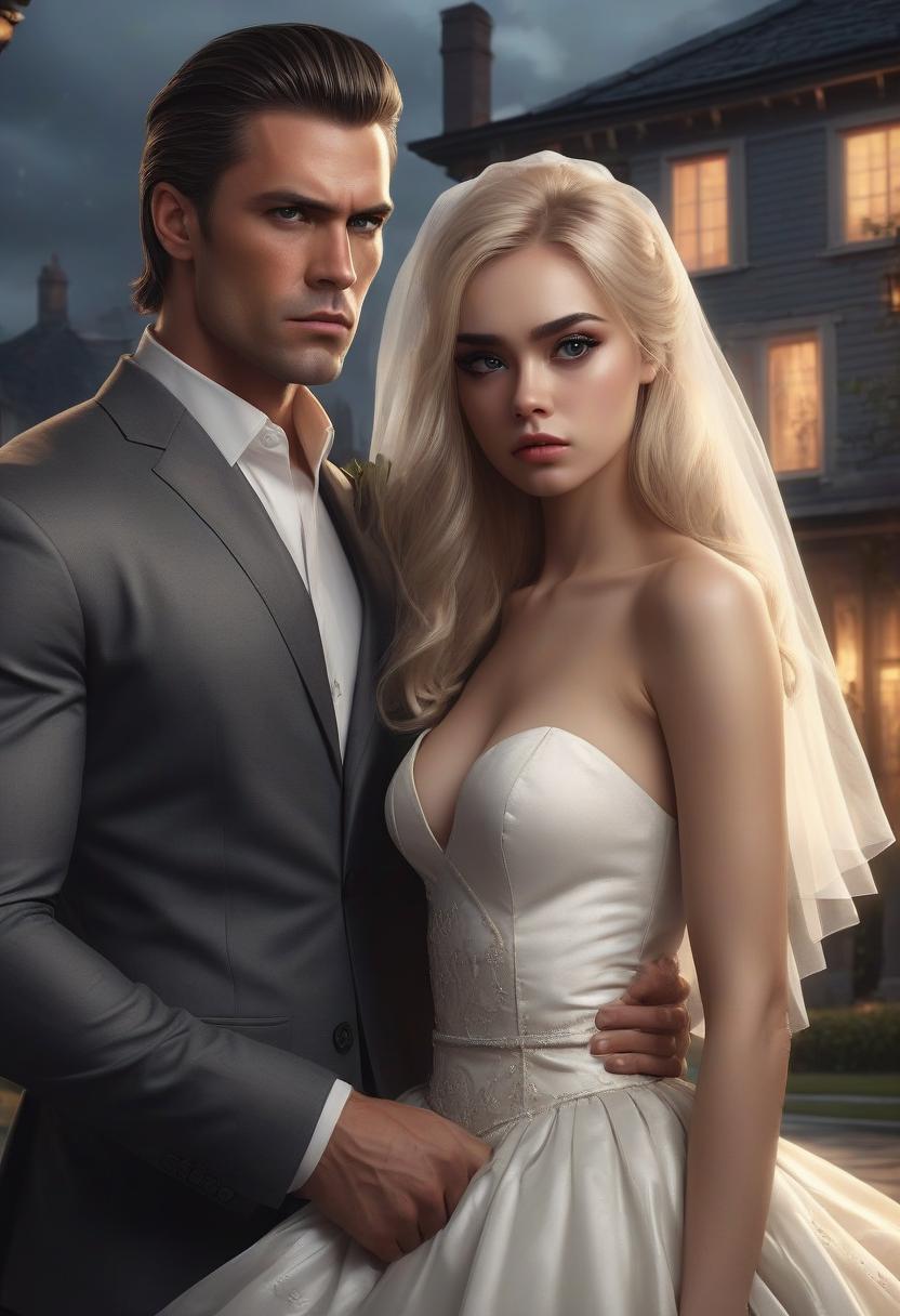  the cover of a romantic book in a modern style. a house is depicted in the background. 1 handsome man, tall, muscular, angry, dressed in a business suit, standing tall. there is 1 girl standing behind the man in a luxurious wedding dress and veil, she stands tall, she has big scared eyes, kawaii style. the man has black hair, the girl has blonde hair. very clear lines, ((drawn lines)). high detail, 8k, rich, sophisticated, cinematic, atmospheric. edmund blair and charlie bowater, graphics by magali villeneuve, classics of digital art in the fantasy genre by charlie bowater and mark brooks