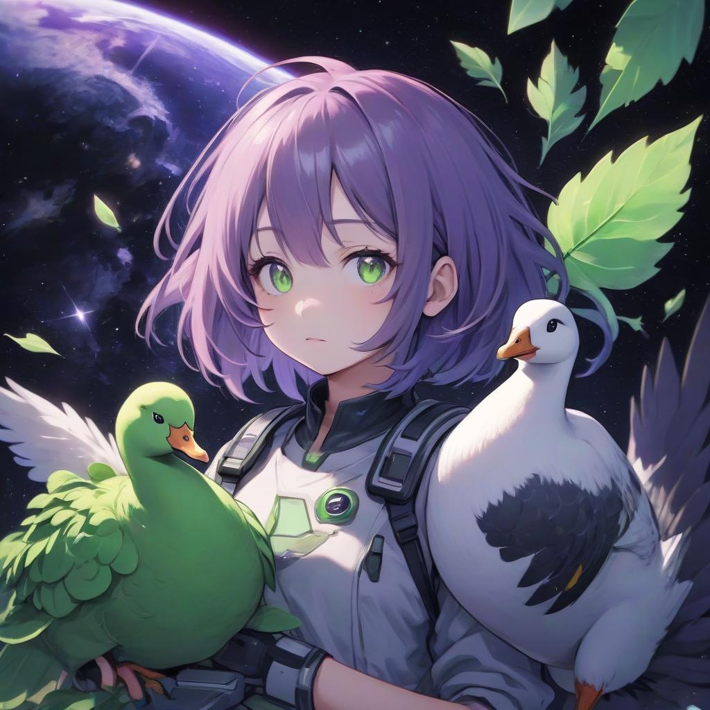  a girl with purple hair. gray eyes. the green leaf grows out of the head. with a goose in his arms. playing computer. in space. anime retro.