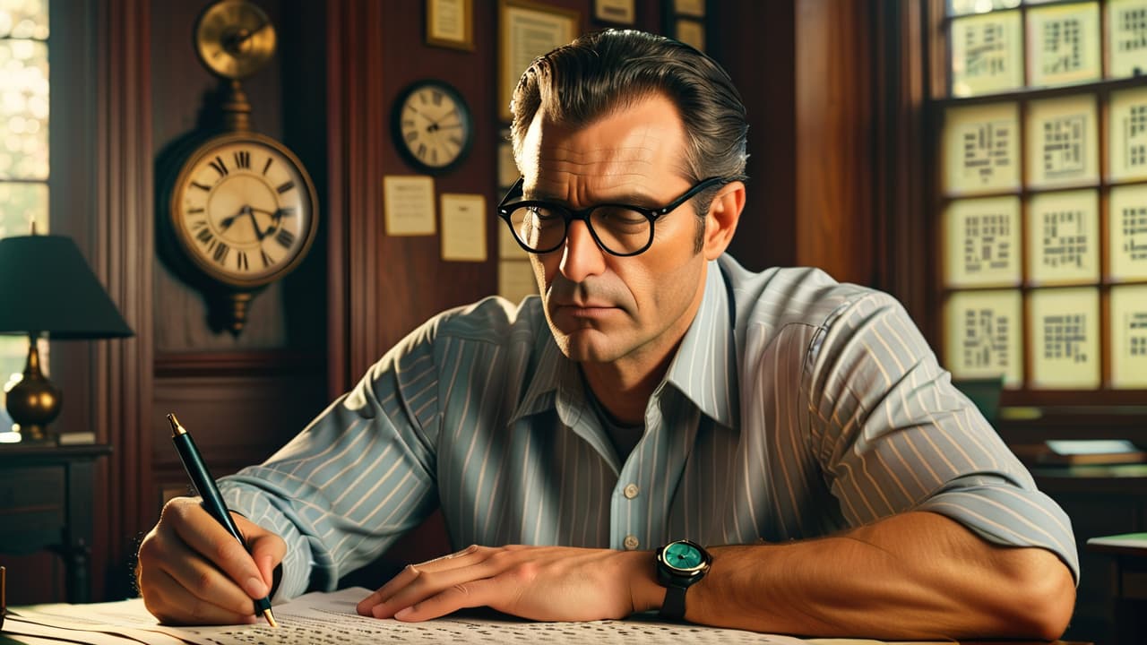  a contemplative man with glasses, surrounded by crossword puzzles, gazes thoughtfully at a vintage clock. the room is filled with scattered papers, a pen in hand, and a faint hint of a medical chart in the background. hyperrealistic, full body, detailed clothing, highly detailed, cinematic lighting, stunningly beautiful, intricate, sharp focus, f/1. 8, 85mm, (centered image composition), (professionally color graded), ((bright soft diffused light)), volumetric fog, trending on instagram, trending on tumblr, HDR 4K, 8K