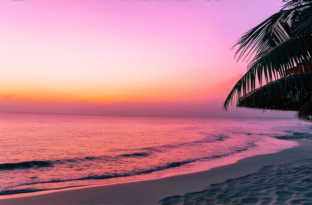  professional detailed photography, a breathtakingly beautiful pink sunset brilliantly illuminates a serene and tranquil tropical landscape ar 3:2, (muted colors, dim colors, soothing tones), (vsco:0.3)