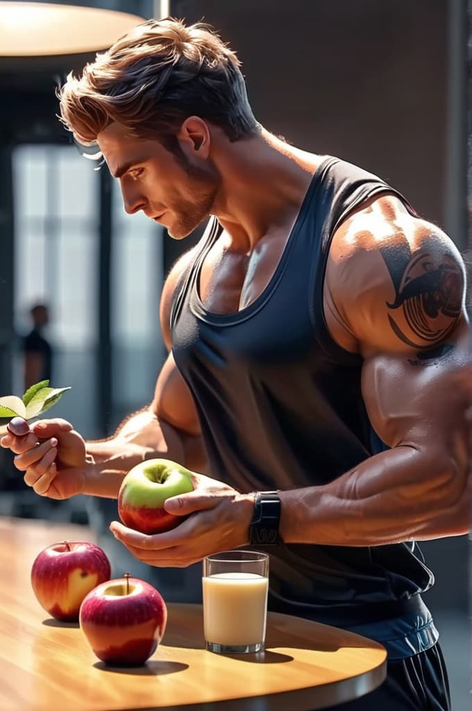  a man. half side left is his body when he started working out 3 months ago. and right ist his body now. and he's eating an apple and drinking a glass of milk., 4k