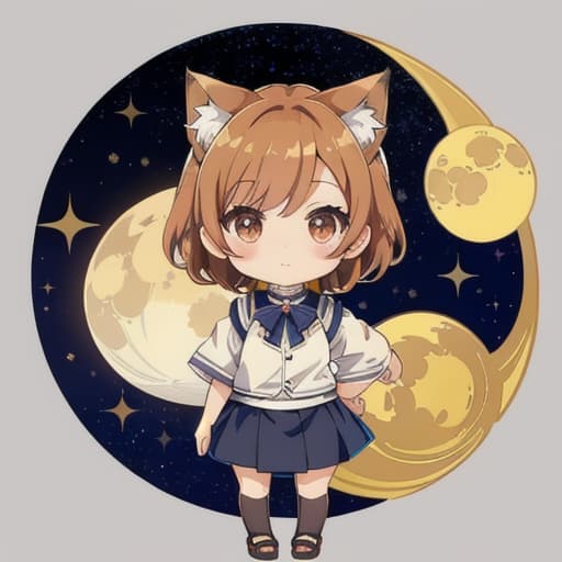  master piece , best quality,chibi chara girl with beer background moon viewing cat ears