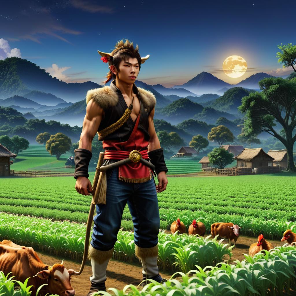  high resolution image of wukong doing farming in harvestmoon, milking cows, feeding chickens, farm, 4k