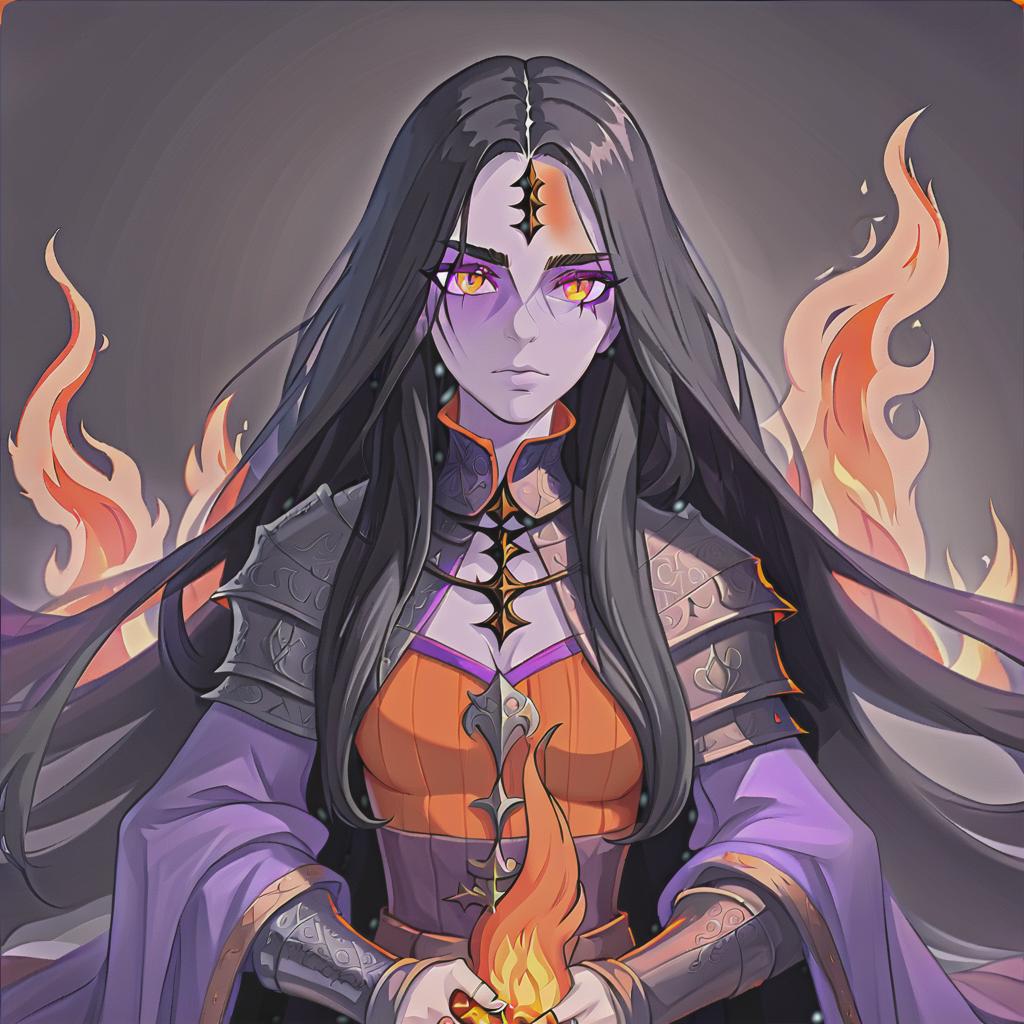  breathtaking covered with fire, purple skin, black long hair, orange eyes, medieval clothes . award winning, professional, highly detailed