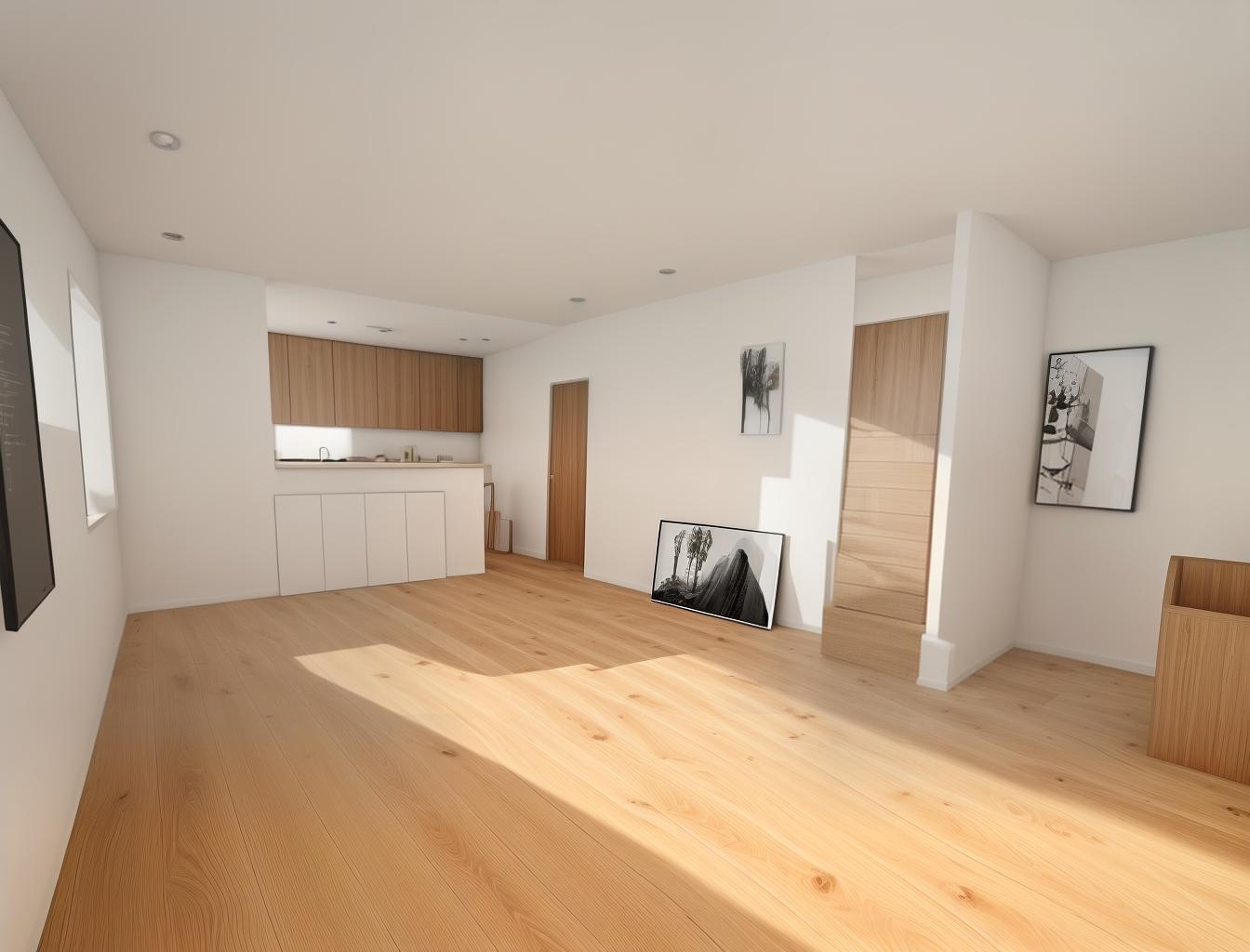  produce a photorealistic rendering of a minimalist living room with a wooden floor. the space should feature a simple, modern sofa as the focal point, with clean lines and neutral colors that complement the natural wood grain of the flooring.