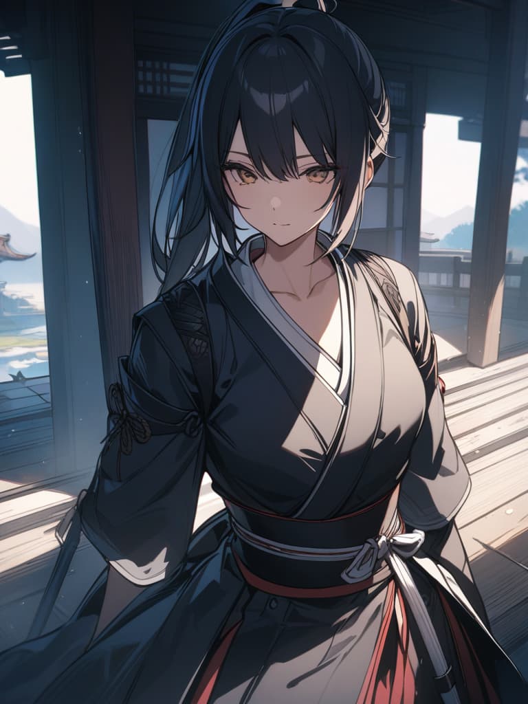  cool, female samurai, sword, black hair, ponytail, japanese style, masterpiece, best quality,8k,ultra detailed,high resolution,an extremely delicate and beautiful,hyper detail