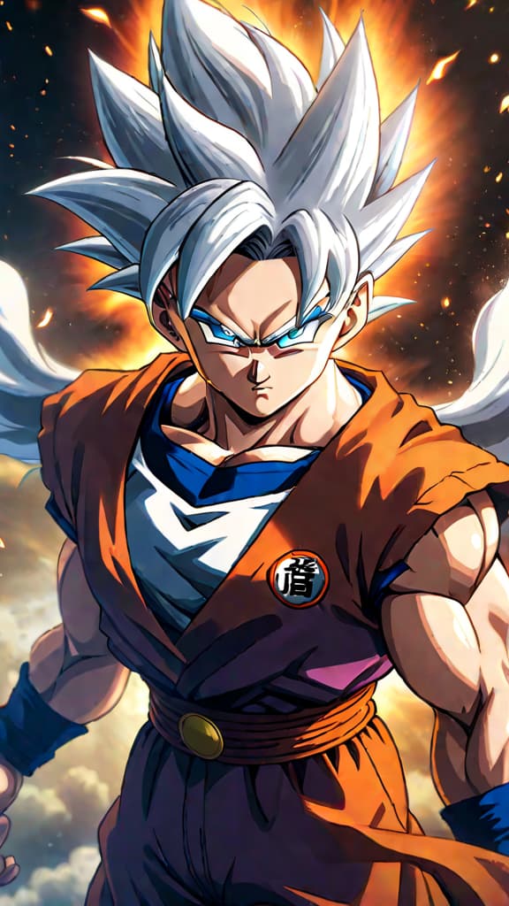  anime art of gohan achieving ultra instinct with silver hair and a calm, powerful aura in dragon ball heroes. hyperrealistic, full body, detailed clothing, highly detailed, cinematic lighting, stunningly beautiful, intricate, sharp focus, f/1. 8, 85mm, (centered image composition), (professionally color graded), ((bright soft diffused light)), volumetric fog, trending on instagram, trending on tumblr, HDR 4K, 8K