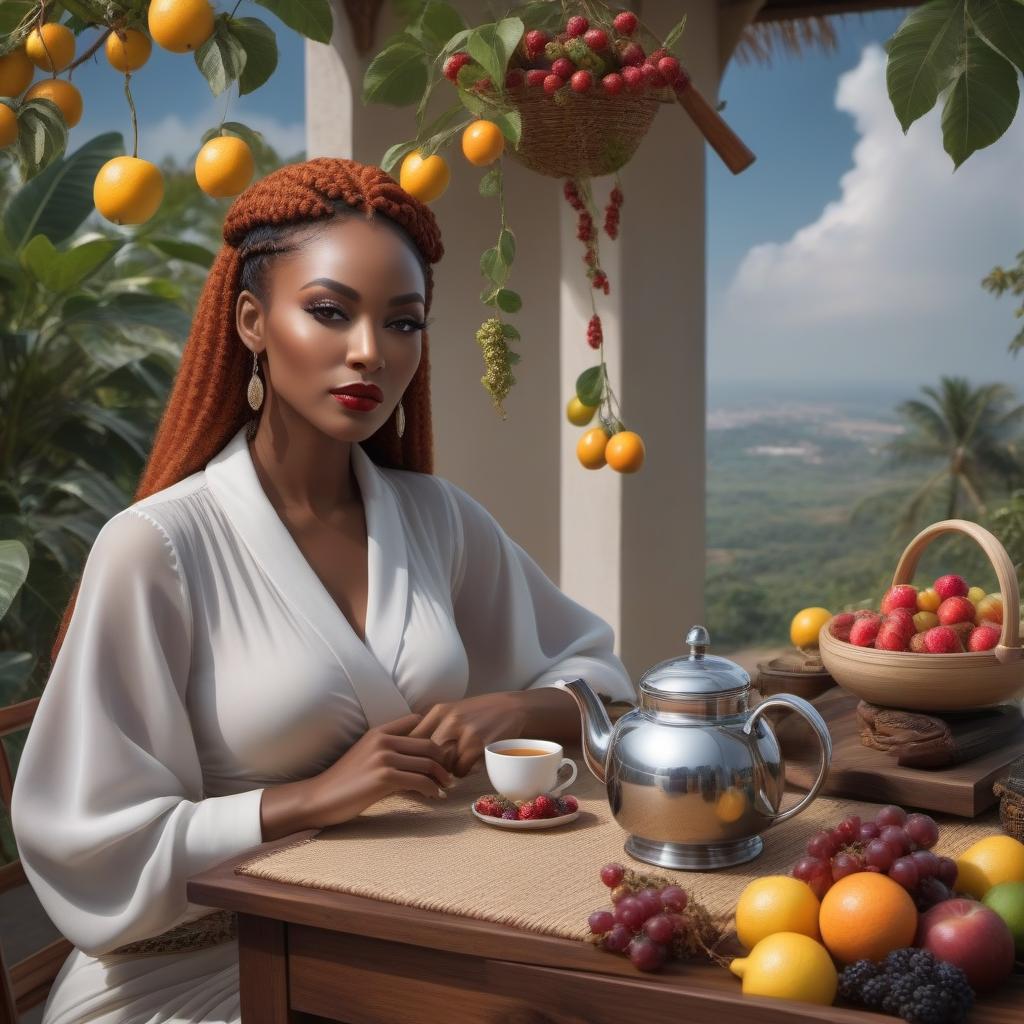  The black woman is sitting There are fruits and a kettle on the table Africa hyperrealistic, full body, detailed clothing, highly detailed, cinematic lighting, stunningly beautiful, intricate, sharp focus, f/1. 8, 85mm, (centered image composition), (professionally color graded), ((bright soft diffused light)), volumetric fog, trending on instagram, trending on tumblr, HDR 4K, 8K