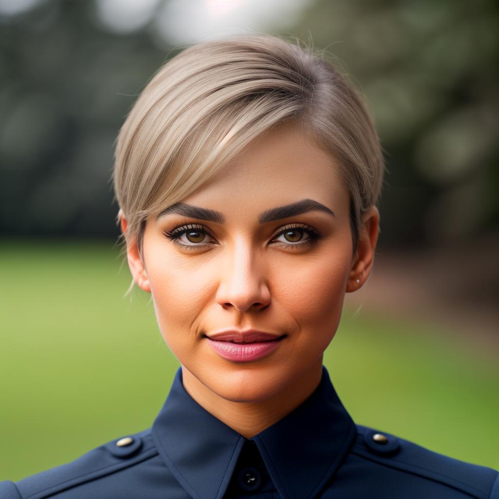  (((realistic full torso frontal head shot of a light brown to medium brown skin tone woman))), ivette fabiola lara, ((hispanic heritage)), immature face, blue eye color, (pixie cut hair style), ((blonde hair color)), ((skinny body type)), flat size, small size, (immature small straight nose), (immature high cheekbones), (immature smooth jawline), (immature full lips), (immature medium forehead), (immature arched eyebrows), (immature rounded chin), standing straight looking directly into the camera,((wearing uniform in navy blue)), backyard background, 1, best quality, highest quality, award winning photo, masterpiece, raw, professional photography, photorealism, sharp focus, cinematic, high resolution, sharp hyperrealistic, full body, detailed clothing, highly detailed, cinematic lighting, stunningly beautiful, intricate, sharp focus, f/1. 8, 85mm, (centered image composition), (professionally color graded), ((bright soft diffused light)), volumetric fog, trending on instagram, trending on tumblr, HDR 4K, 8K