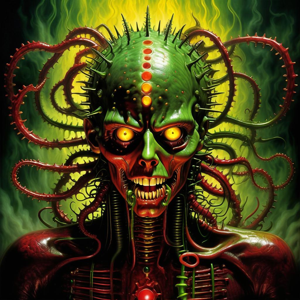  retro game art hellraiser whisperer giger demon looks scary prickly red watch in yellow smoke and green sparks suction cups tentacles eyes lower jaw sting tentacles claws and a terrible moan in red smoke in yellow rings of green steam the wound flows with mucus juice . 16 bit, vibrant colors, pixelated, nostalgic, charming, fun