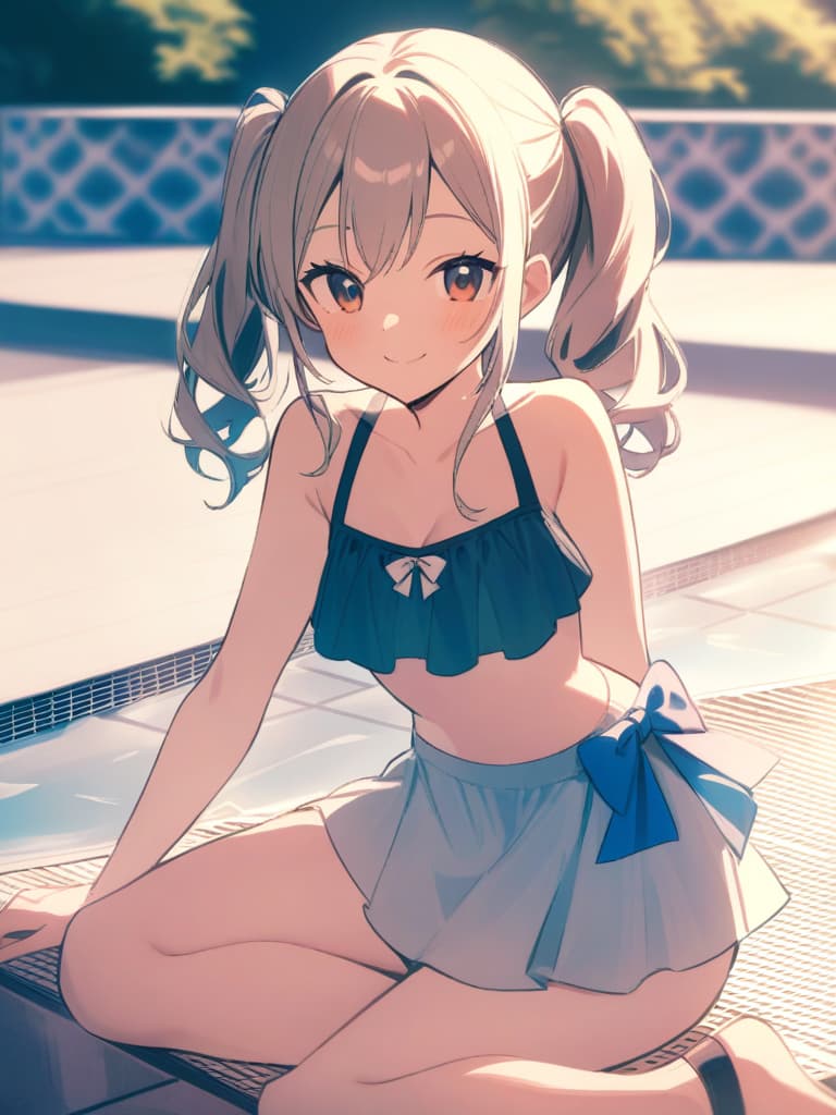  s, twin tails, cute smiles, swimwear, s with , poolside, whole body,