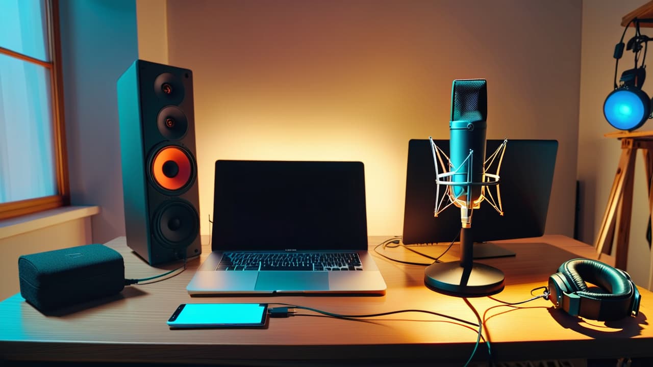  a cozy home studio setup with a microphone, headphones, soundproofing panels, a laptop displaying audio editing software, and a coffee cup, creating an inviting atmosphere for podcast production. hyperrealistic, full body, detailed clothing, highly detailed, cinematic lighting, stunningly beautiful, intricate, sharp focus, f/1. 8, 85mm, (centered image composition), (professionally color graded), ((bright soft diffused light)), volumetric fog, trending on instagram, trending on tumblr, HDR 4K, 8K