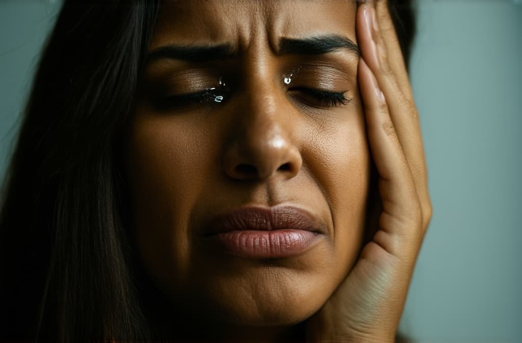  young sad middle eastern woman crying with tears streaming down her cheeks. emotional breakdown, closed eyes and closed mouth ar 3:2, (natural skin texture), highly detailed face, depth of field, hyperrealism, soft light, muted colors