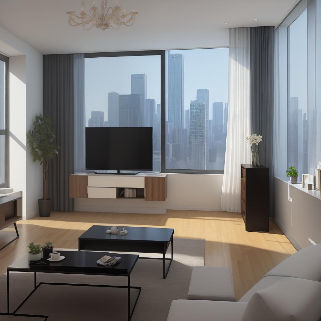  masterpiece, best quality, best quality, masterpiece, 8k resolution,high resolution concept art of an apartment living room with floor to ceiling windows and modern furniture