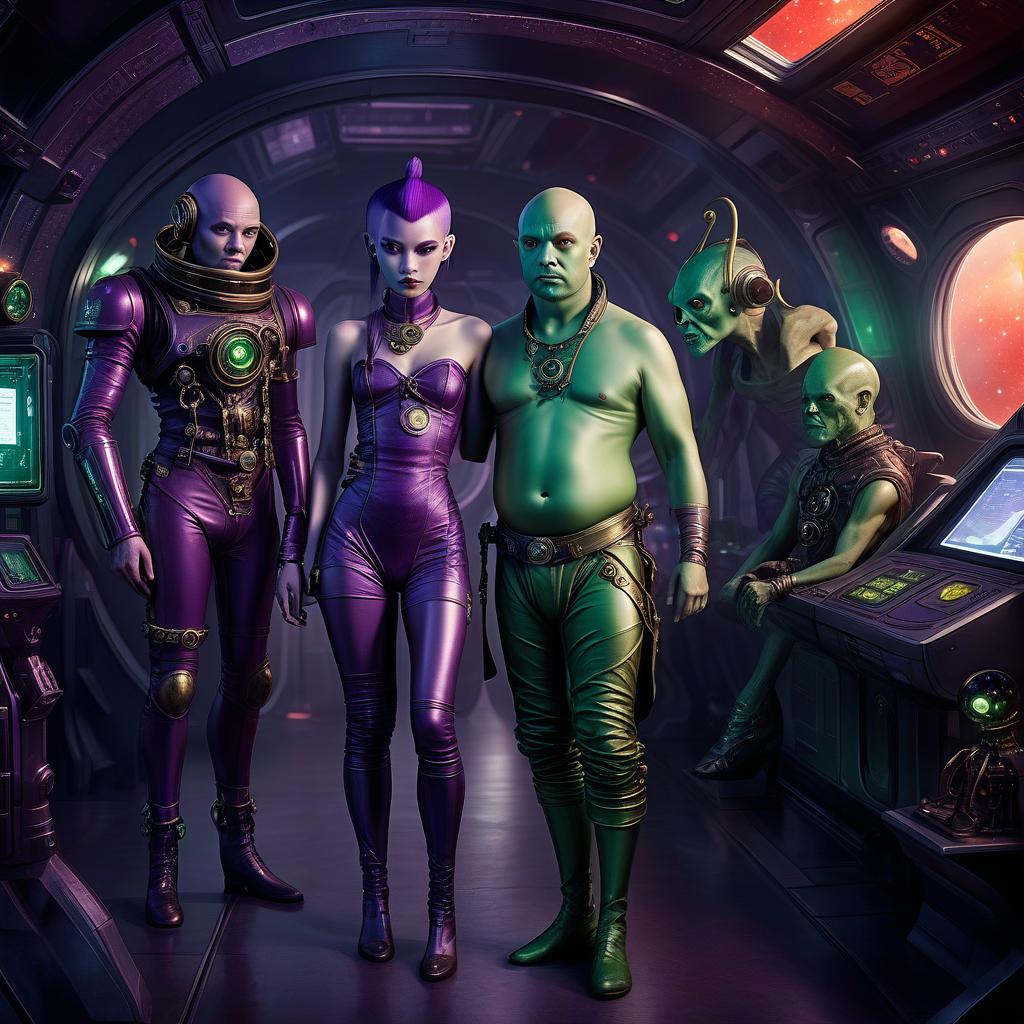  space themed a group of space pirates, a young alien of thai appearance, 20 year, purple skin, large size elastic , elegant thin waist, long slender legs, green hair. man, 40 year, small, fat, bald, black. next to the droid and minotaur. full length image, steampunk, dieselpunk, paropunk, standing in a space tavern, against a background of red light. . cosmic, celestial, stars, galaxies, nebulas, planets, science fiction, highly detailed