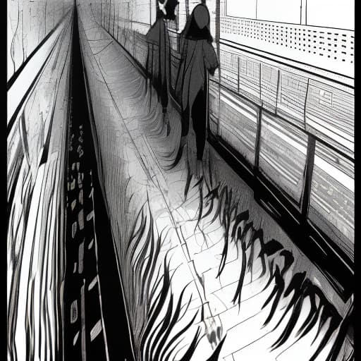  a long table that goes into darkness, (manga style, yusuke murata, satoshi kon, ken sugimori, hiromu arakawa), pencil drawing, (b&w:1.2), low detail, sketch, concept art, anime style, line art, webtoon, manhua, chalk, hand drawn, defined lines, simple shades, simplistic, manga page, minimalistic, high contrast, precision artwork, linear compositions, scalable artwork, digital art, high contrast shadows