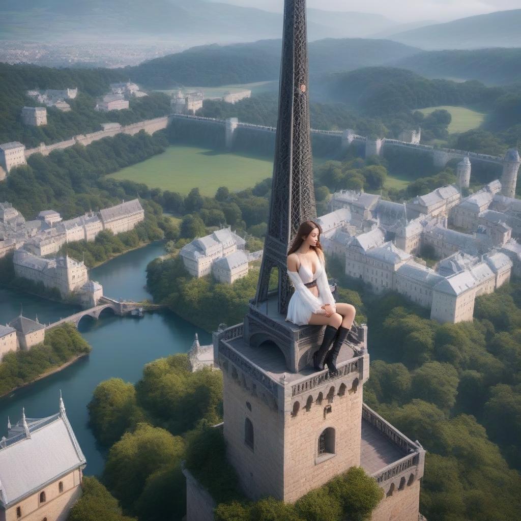  There's a girl sitting on the tower hyperrealistic, full body, detailed clothing, highly detailed, cinematic lighting, stunningly beautiful, intricate, sharp focus, f/1. 8, 85mm, (centered image composition), (professionally color graded), ((bright soft diffused light)), volumetric fog, trending on instagram, trending on tumblr, HDR 4K, 8K