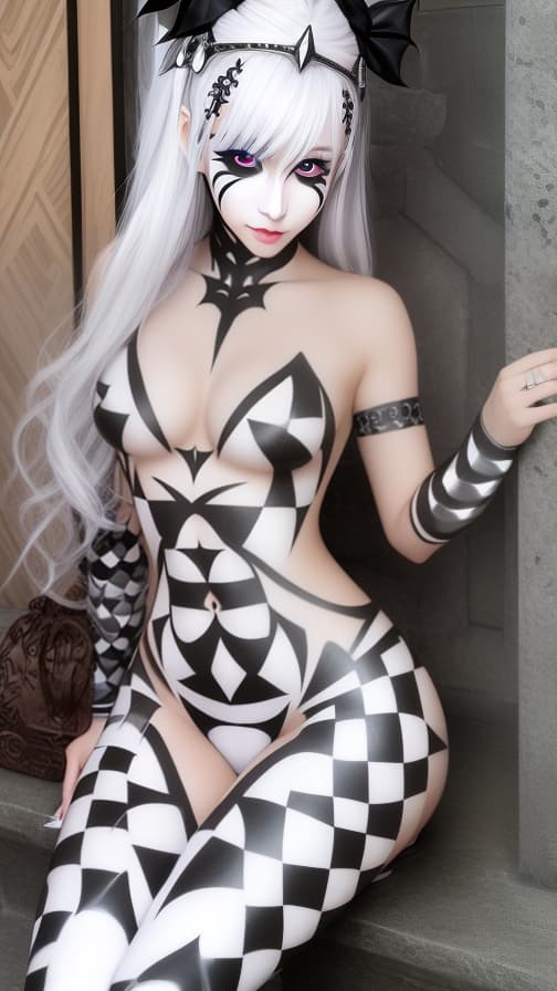  Chessboard check body paint in every corner of the body, Silver body paint all over the body,White face paint on the face, Dark elf 女の子