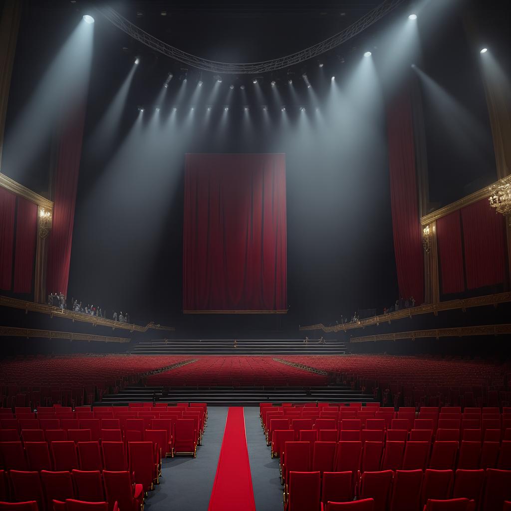  masterpiece, best quality, A grand stage is set with red curtains draping on either side, towering several feet above the ground. The audience is filled with a diverse crowd of people, eagerly waiting for the performance to begin. The stage lights cast a warm glow, illuminating the anticipation in the air. (Photography) (Soft light) (Shot with a wide-angle lens to capture the vastness of the stage and audience)