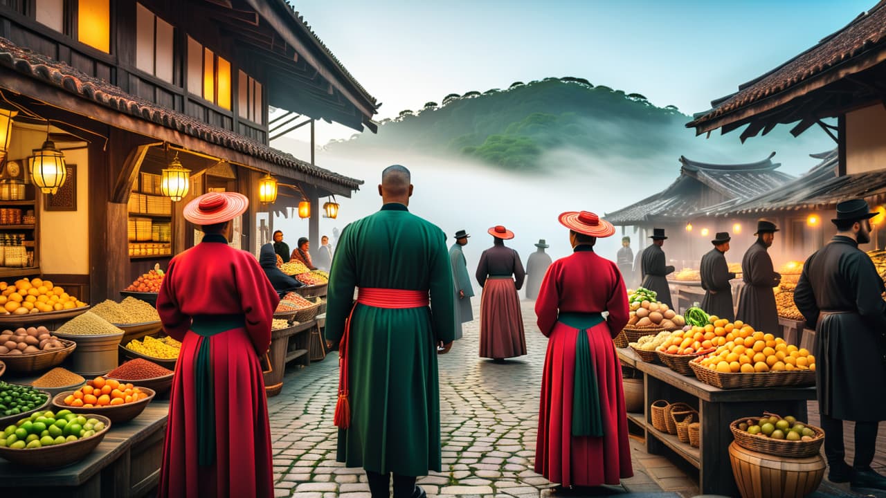  a vibrant market scene showcasing diverse cultural artifacts, traditional costumes, and local cuisine, with tourists engaging with artisans, surrounded by historic architecture and lush landscapes, capturing the essence of heritage tourism. hyperrealistic, full body, detailed clothing, highly detailed, cinematic lighting, stunningly beautiful, intricate, sharp focus, f/1. 8, 85mm, (centered image composition), (professionally color graded), ((bright soft diffused light)), volumetric fog, trending on instagram, trending on tumblr, HDR 4K, 8K