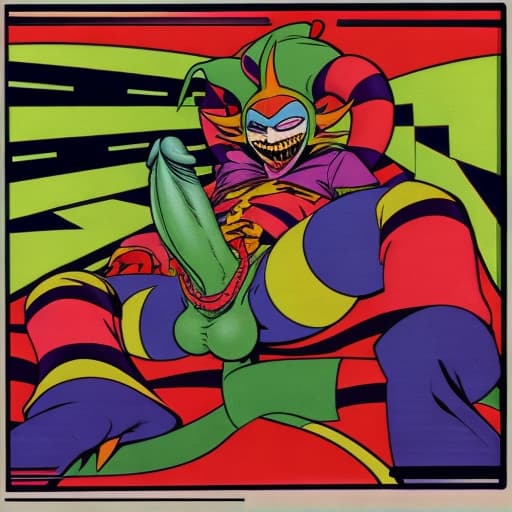  an evil jester with a huge penis, 70's porn style