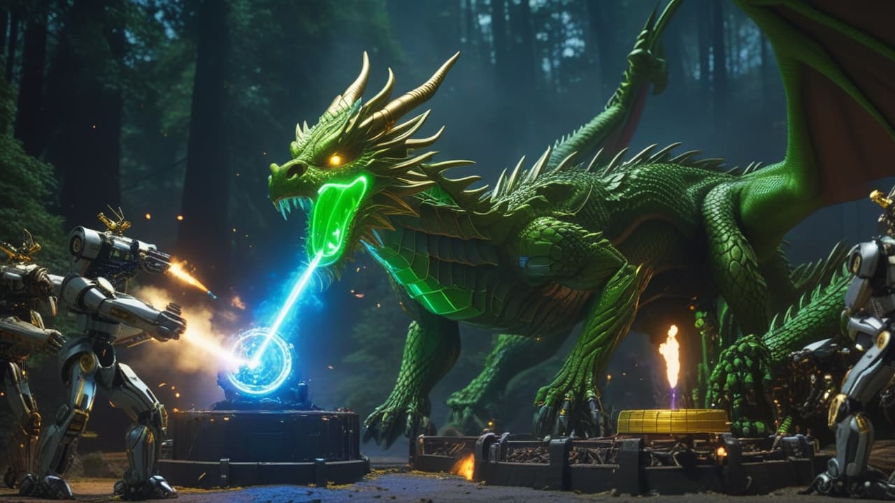  generate an image of a large neon green dragon shooting fire that is trying to steal gold coins from an army of robots in a castle at night in the middle of a forest and the robots shoot blue laser guns back at the dragon, high quality, high details, hd, perfect composition, 4k epic detailed, highly detailed, sharp focus, high resolution