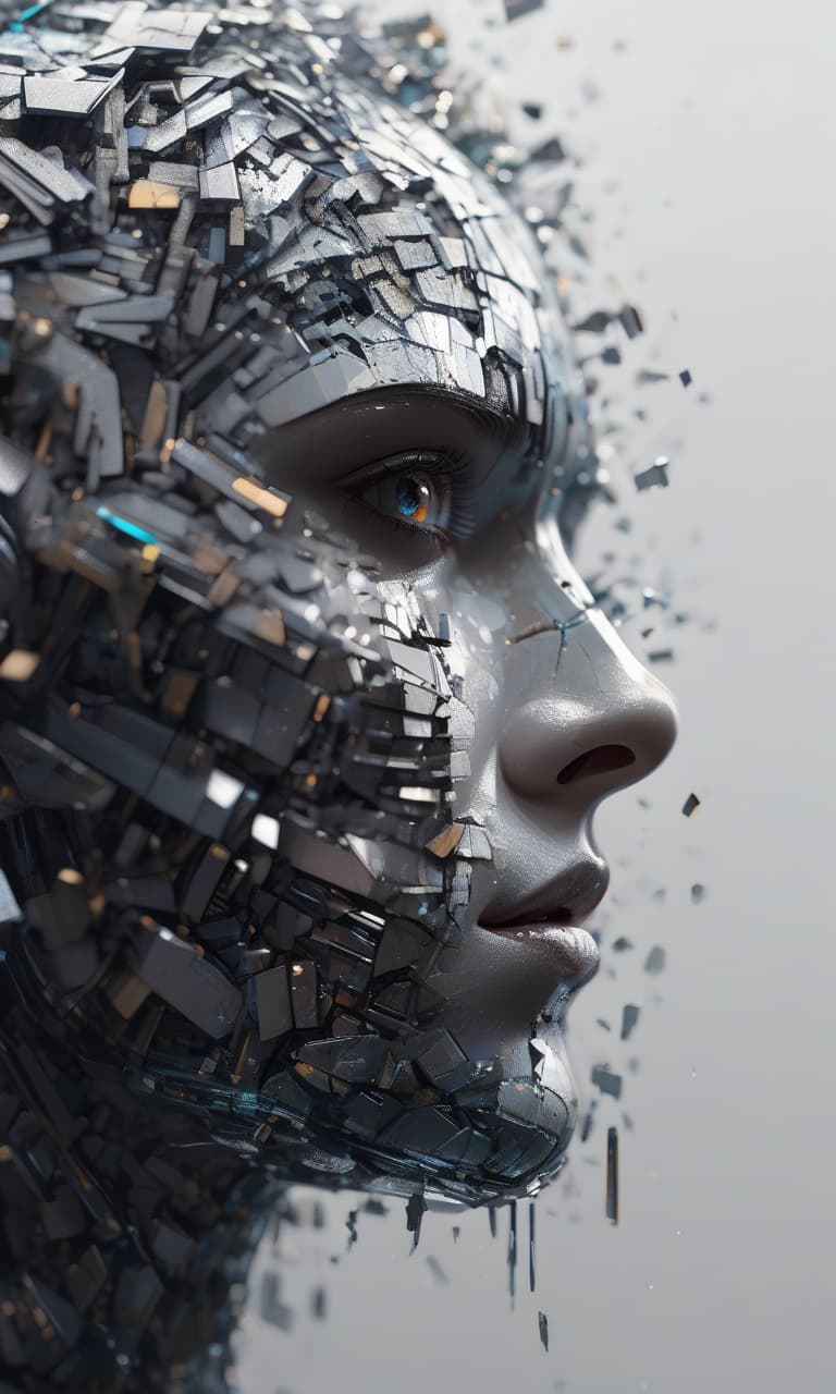  (masterpiece, high resolution, trending on cgsociety, digital art, greeble, shattered abstractions:1.3), portrait of a female android, intricate details on the metallic surface, vibrant colors, greeble texture, abstract background, dark and mysterious atmosphere, expressive eyes, subtle emotions, diagonal shot, looking straight at the viewer, bold and dynamic composition