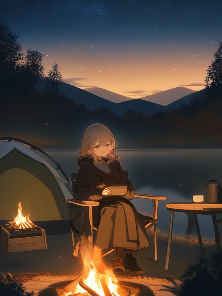  one girl, night, camping girl, coat, outdoor chair, tent, perfect starry sky, churdun, autumn, moon, bonfire, outdoor chair