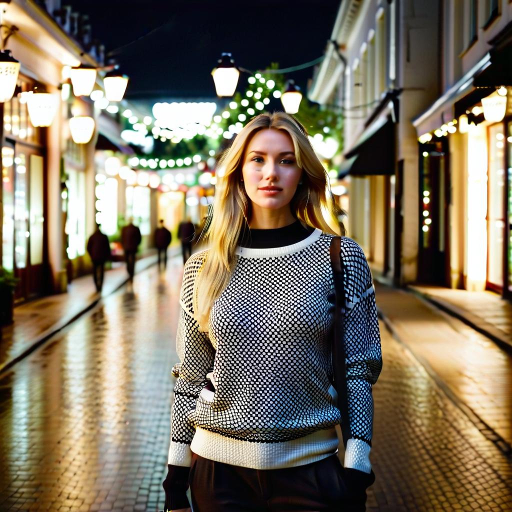  cinematic photo it's dark outside, it's late, two o'clock in the morning, the lights are dim, the lanterns are not lit, there is no lighting, she: medium long blonde straight hair, in a sweater and trousers, runs along the shops turning the corner. he stands looking after her. . 35mm photograph, film, bokeh, professional, 4k, highly detailed, perfecteyes, perfect hands, film photography style