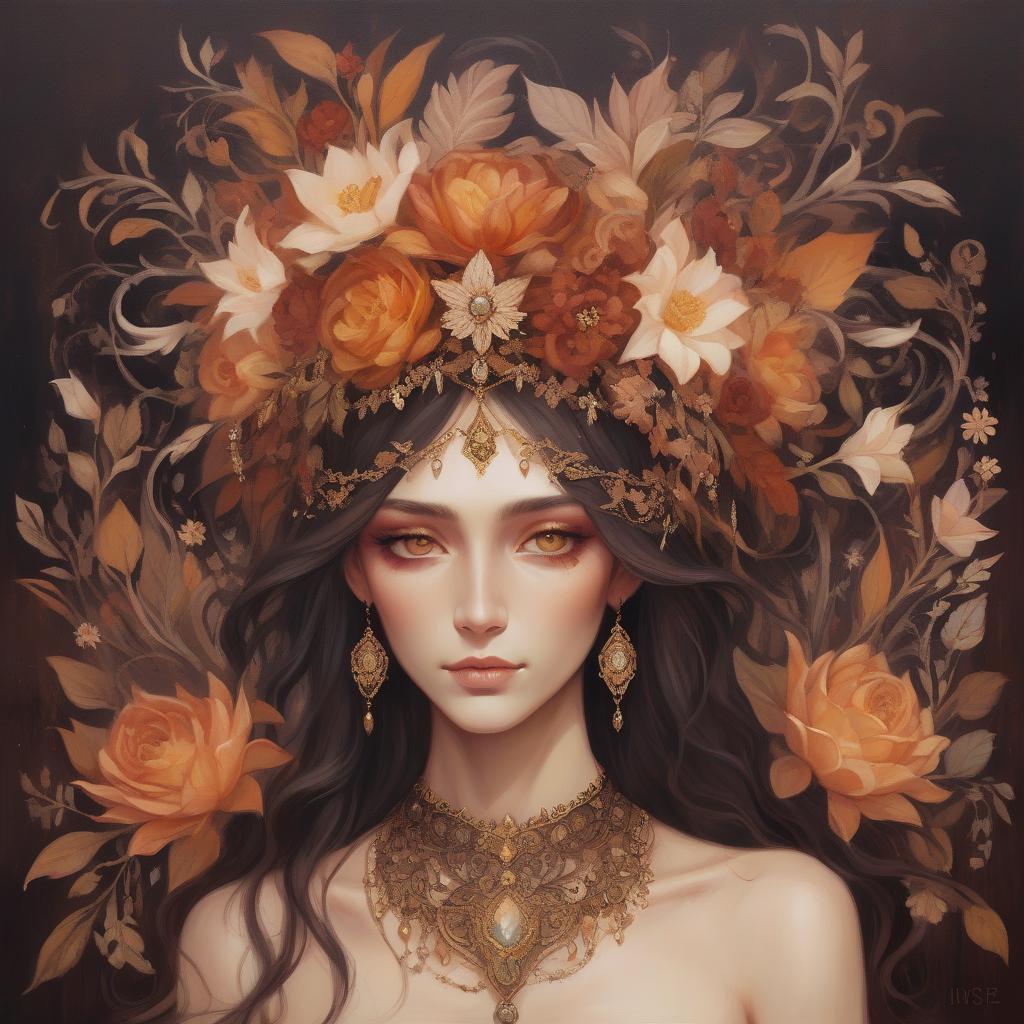  a painting of a woman with a floral crown and intricate jewelry, featuring warm tones and a fantasy style. dark fantasy