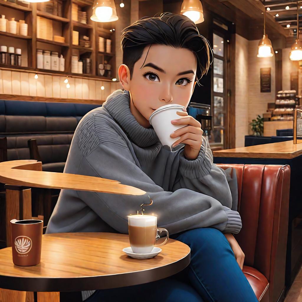  a person with a casual outfit sitting in a coffee shop. the person is wearing a cozy grey sweater over a white t shirt and dark blue jeans. they are enjoying their latte while reading a book. the background shows coffee shop interior with warm lighting and wooden furniture.