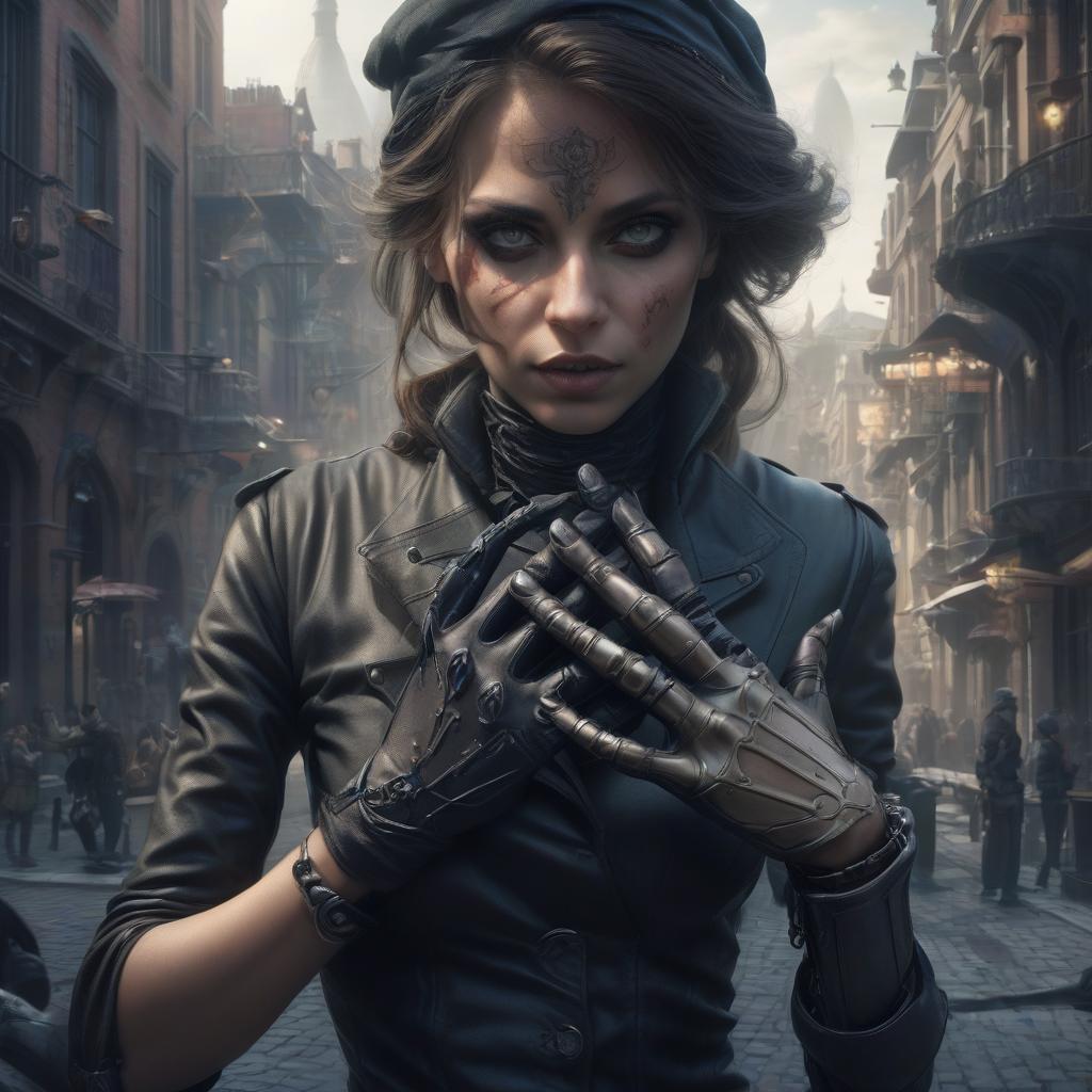  fantasy, woman, robber, prosthetic hand, city