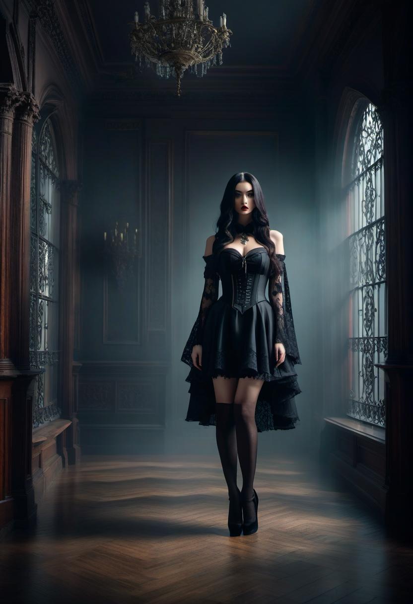  gothic style a in a black, clothed and black stockings, no shirt, with a big, , is full of growth . dark, mysterious, haunting, dramatic, ornate, detailed, film photography style hyperrealistic, full body, detailed clothing, highly detailed, cinematic lighting, stunningly beautiful, intricate, sharp focus, f/1. 8, 85mm, (centered image composition), (professionally color graded), ((bright soft diffused light)), volumetric fog, trending on instagram, trending on tumblr, HDR 4K, 8K