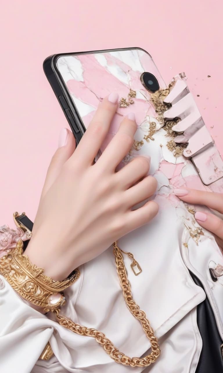  concept art color pink, white, black, gold hand holding the phone broken . digital artwork, illustrative, painterly, matte painting, highly detailed, perfect hands