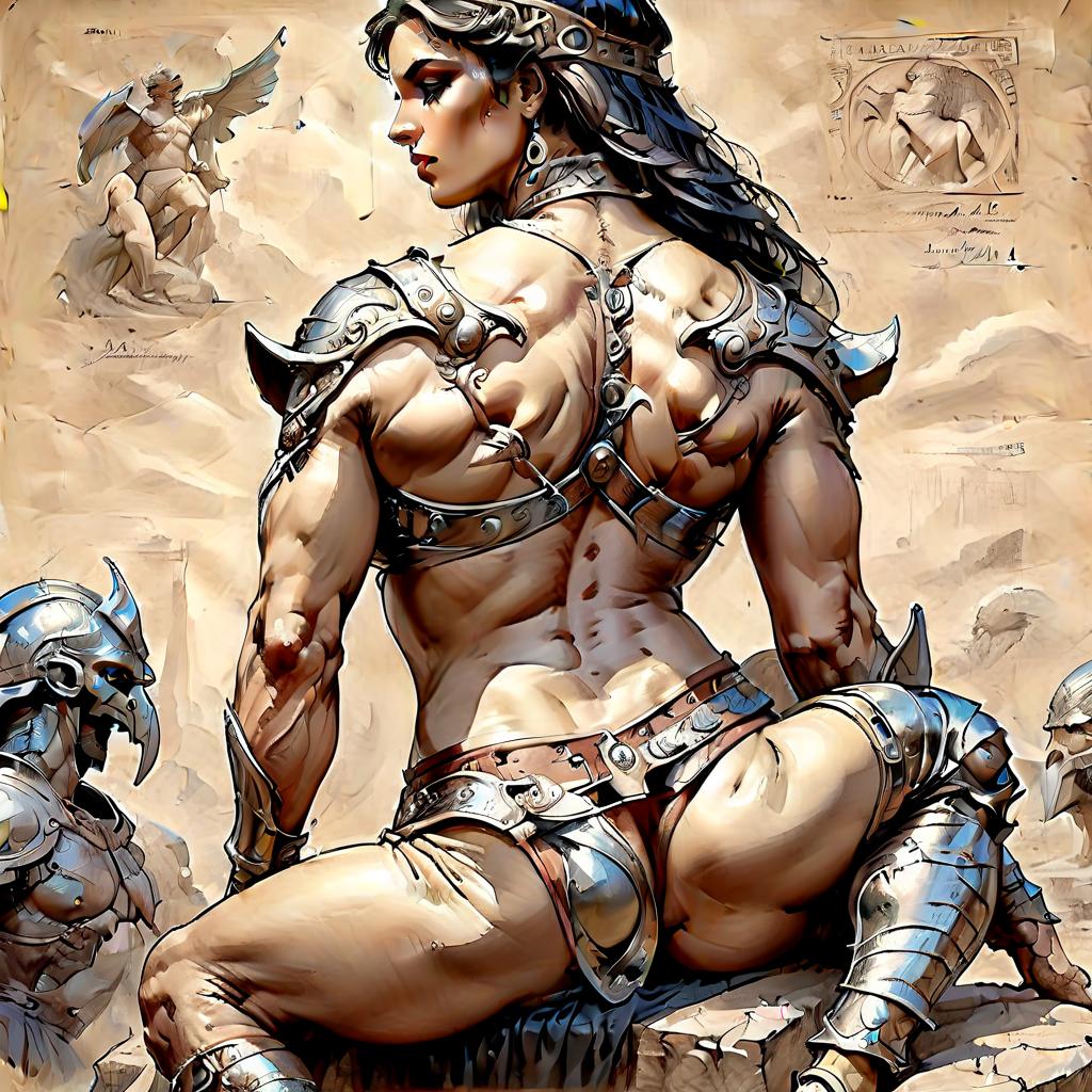  hyperrealistic art picture, professional, hyperrealistic drawing in the style of boris vallejo, julia bell, masterpiece, work of art; sitting on a stone ancient greek amazon in armor, muscular abdominal press, gracefully curved back, convex, elastic buttocks, muscular shins. mysticism, fantasy, atmospheric, filigree, ideal detailing of the image, the highest quality, many details, fine drawing, attention to detail. professional drawing in the style of boris vallejo, julia bell, masterpiece, work of art . extremely high resolution details, photographic, realism pushed to extreme, fine texture, incredibly lifelike, on parchment, oil painting