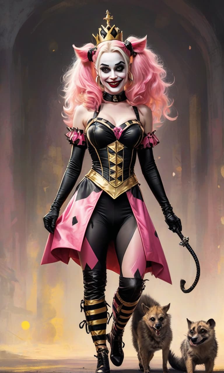  concept art pink, gold, black, white circus margot robbins to the waist in the image of harley quinn in a jester costume two hyena . digital artwork, illustrative, painterly, matte painting, highly detailed, perfect hands