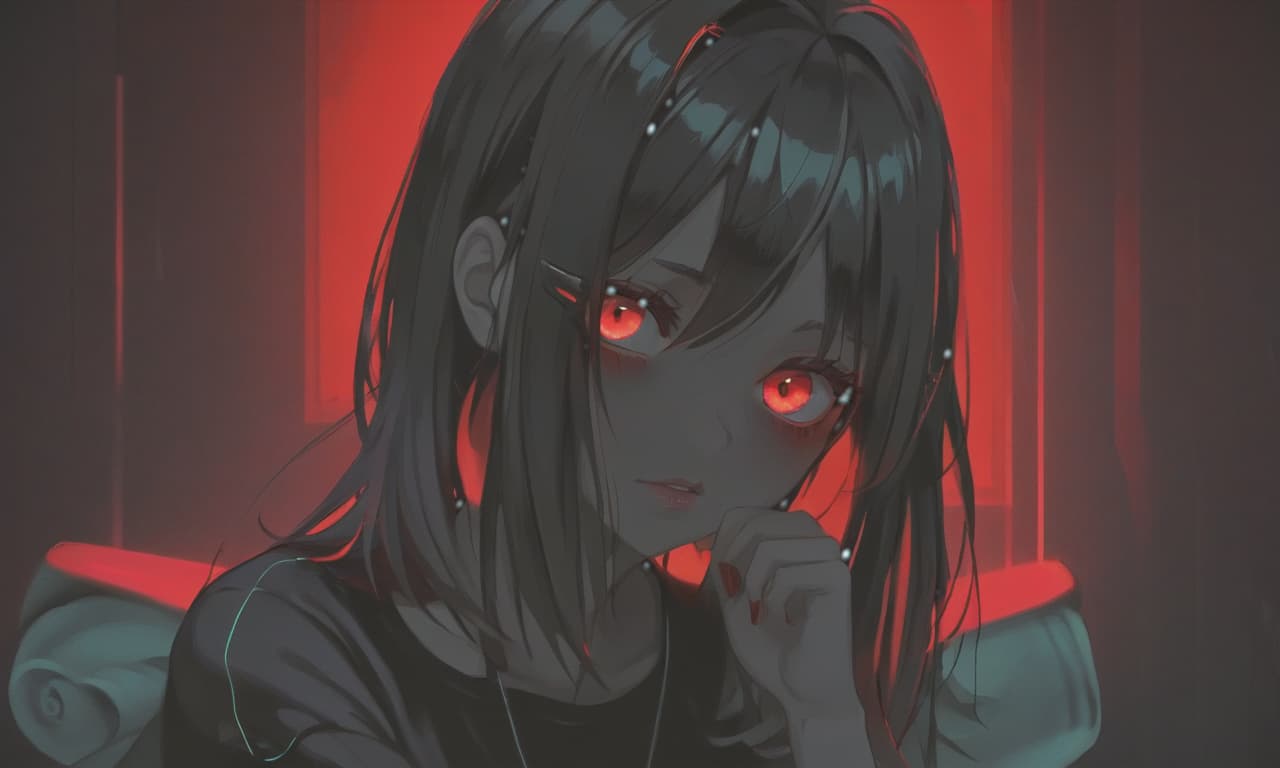  girl, neon, dark hair, red eyes, high resolution