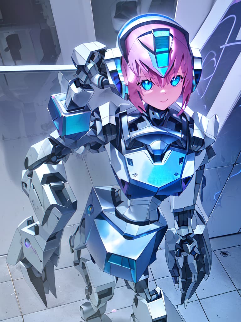  Sister's face robot, low stature, pink hair short hair, blue eyes, super cute smile, purple robot, metal robot, neck robot, iron scales robot, robot joint, abdominal robot, square box robot (body ( Three dimensional sensation), square shaped arm robot (three dimensional), square busty robot (three dimensional), true square box shaped mini skirt robot (three dimensional feeling), square shaped leg robot (three dimensional), square mobile Suit Robo ( Three dimensional robot), in the town,, masterpiece, best quality,8k,ultra detailed,high resolution,an extremely delicate and beautiful,hyper detail