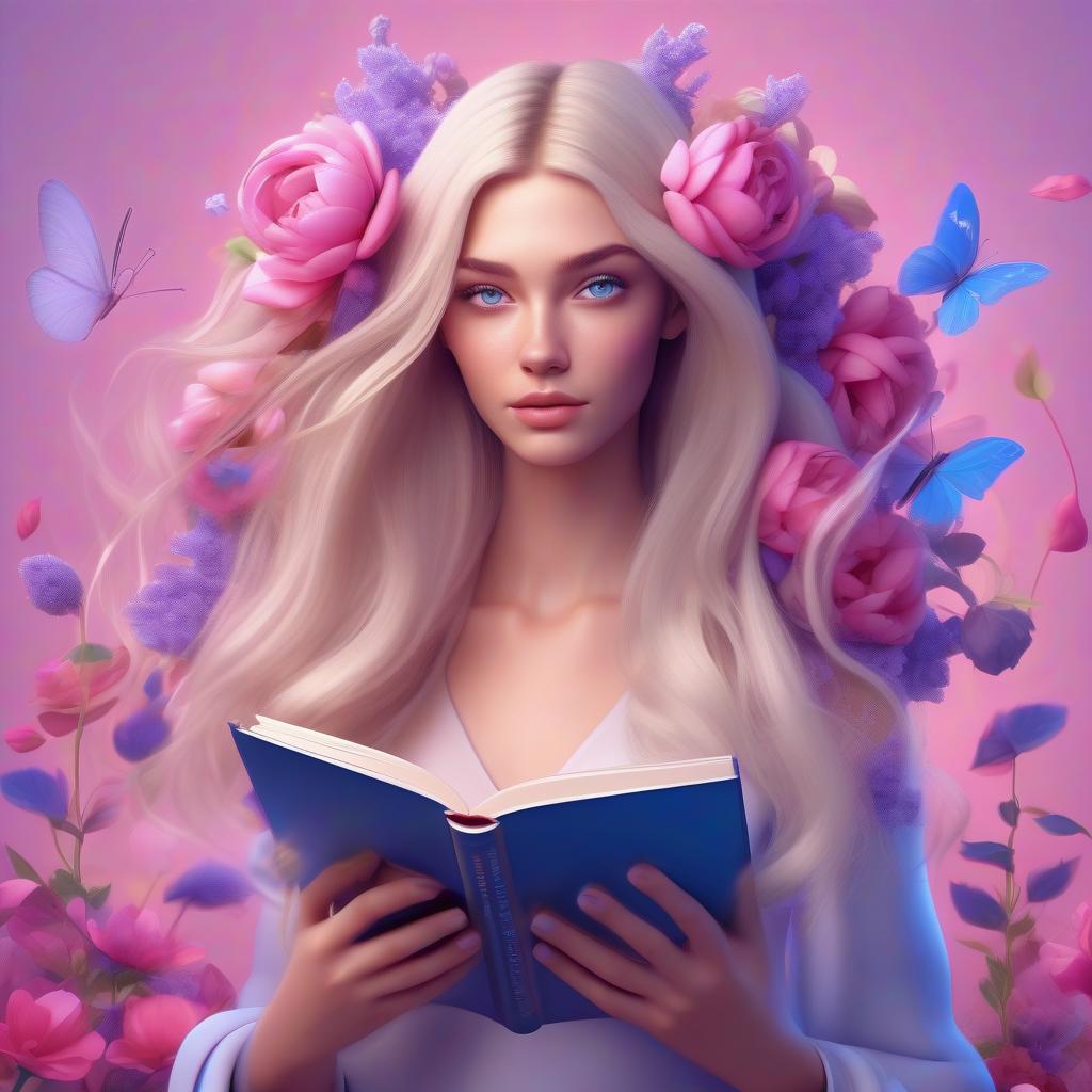  art of fantasy girl with grey blue eyes in a lotos pose with flowers inside her head like her thoughts and growing from her long very thick blondy hair, hair fluttering in the wind with a book in her hands pink and blue and purple colors on the background cartoon style 3d, hq, 4k for modern mobile app