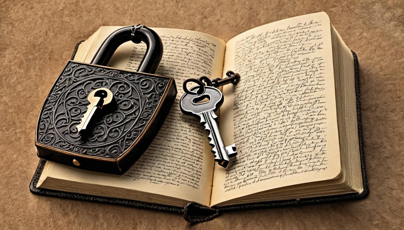  （surrealism)a personal diary with a lock and key, background showing a figure reaching for it but unable to grasp, intimate, private, secure mystic, intricate details, best quality)