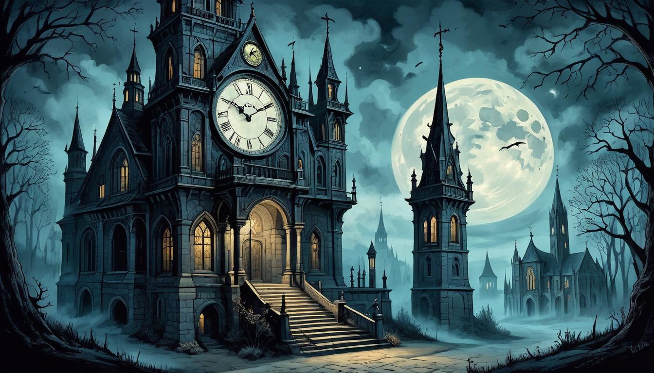  on parchment, surrealism+++, gothic clock tower at midnight, moonlight casting eerie shadows, intricate clock face illuminated, sense of timelessness, powerful reminder(mysterious, provocative, symbolic,muted color)+++